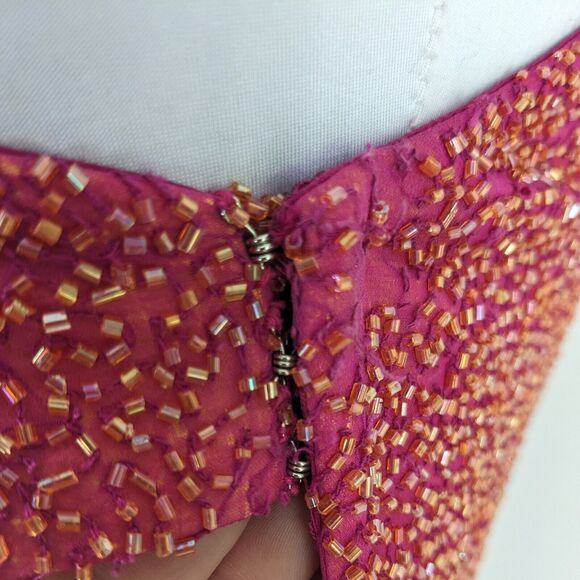 Sean Collection Prom Dress Maxi Gown Y2K Beaded Silk Shoulder Slit Sheath Pink L - Picture 8 of 14